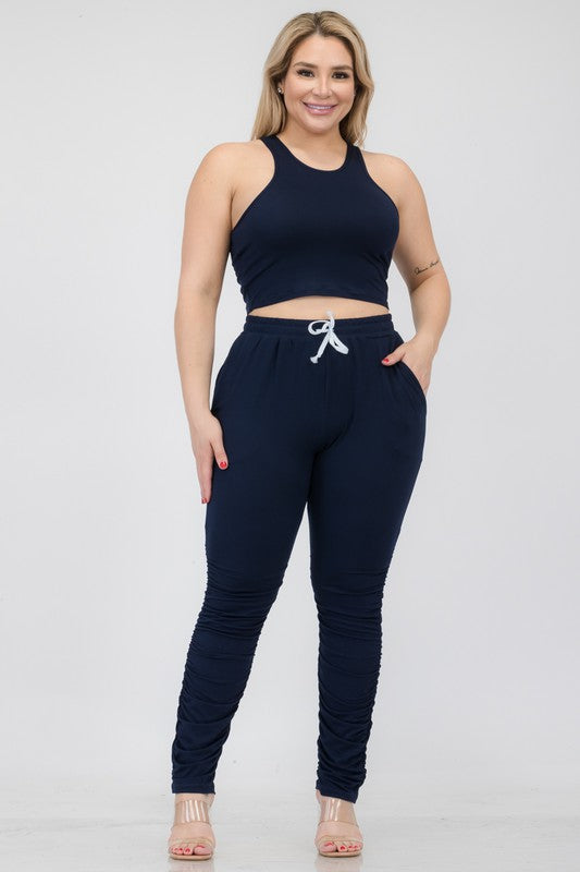 Plus Size Crop Tank Top & Ruched Pants Set