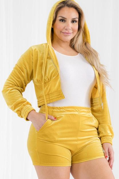 Plus Size Velour Crop Zip Up Hoodie and Shorts Set