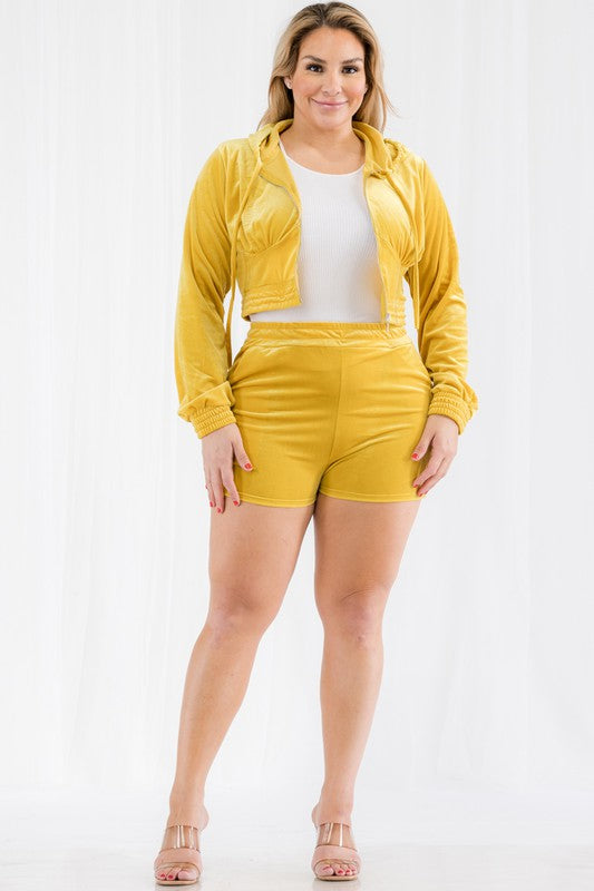 Plus Size Velour Crop Zip Up Hoodie and Shorts Set