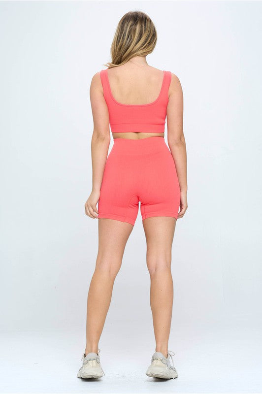 Two-Piece Seamless Ribbed Tank Top Biker Shorts