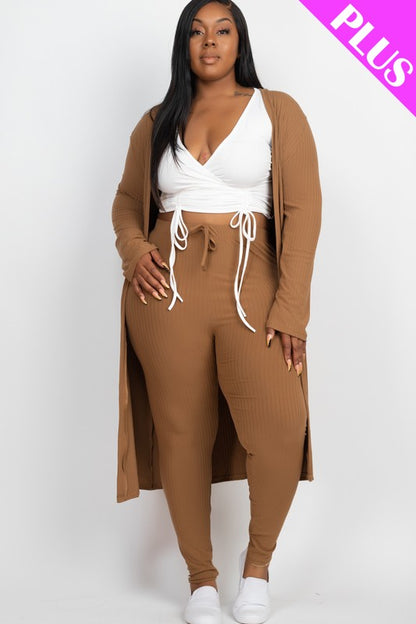 Plus Size Ribbed Long Cardigan & Leggings Set